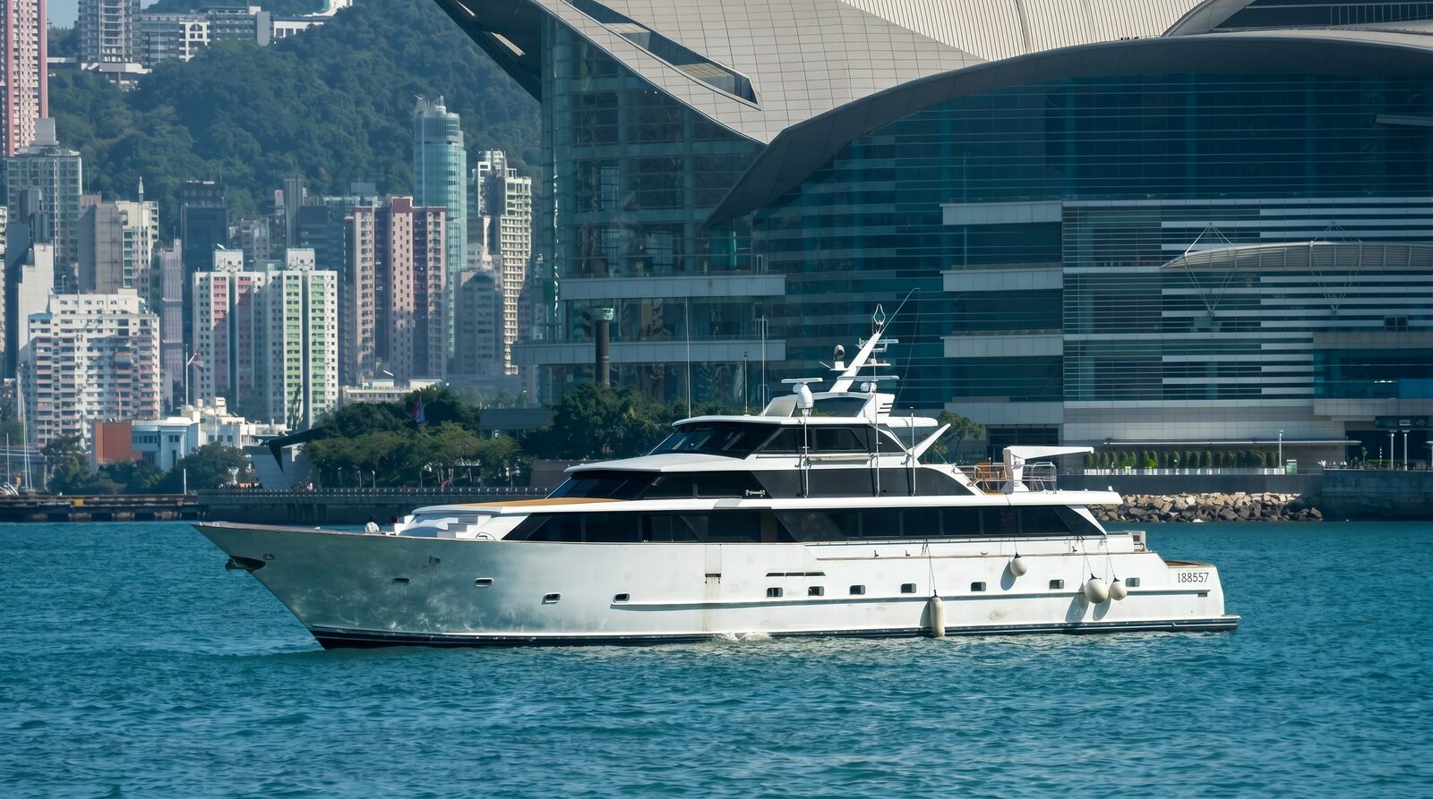 Sea Tiger underway in Victoria Harbour past the Hong Kong Convention and Exhibition Centre