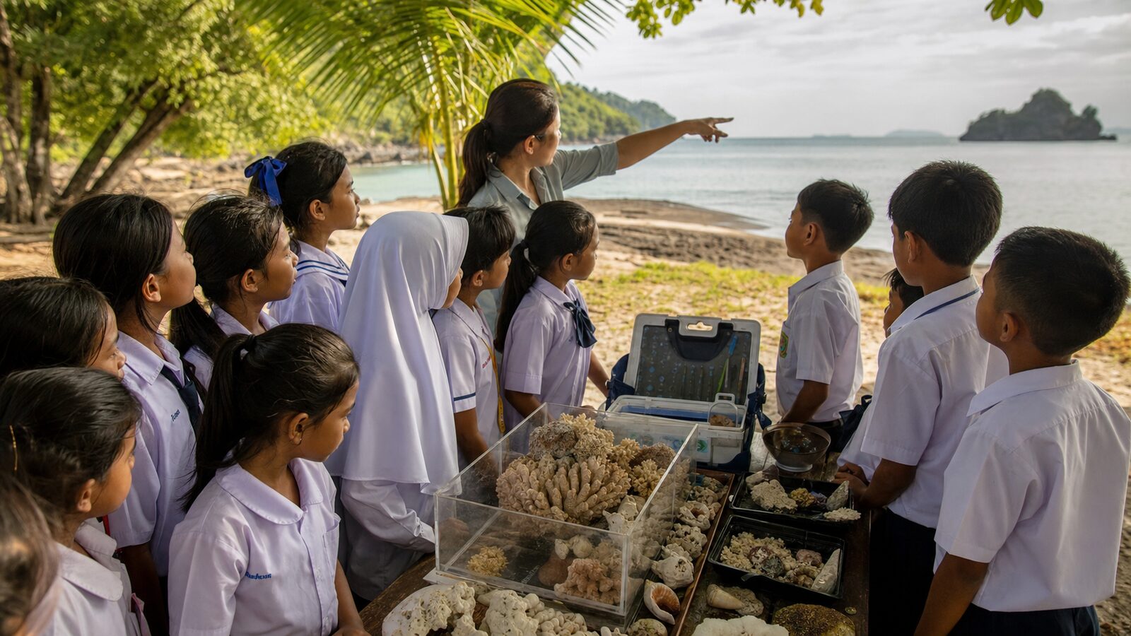 Southeast Asian schoolchildren at a coastal ocean-education session